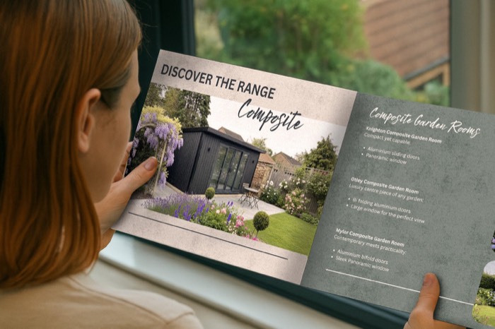 Noah Garden Rooms brochure open at the composite garden rooms pages