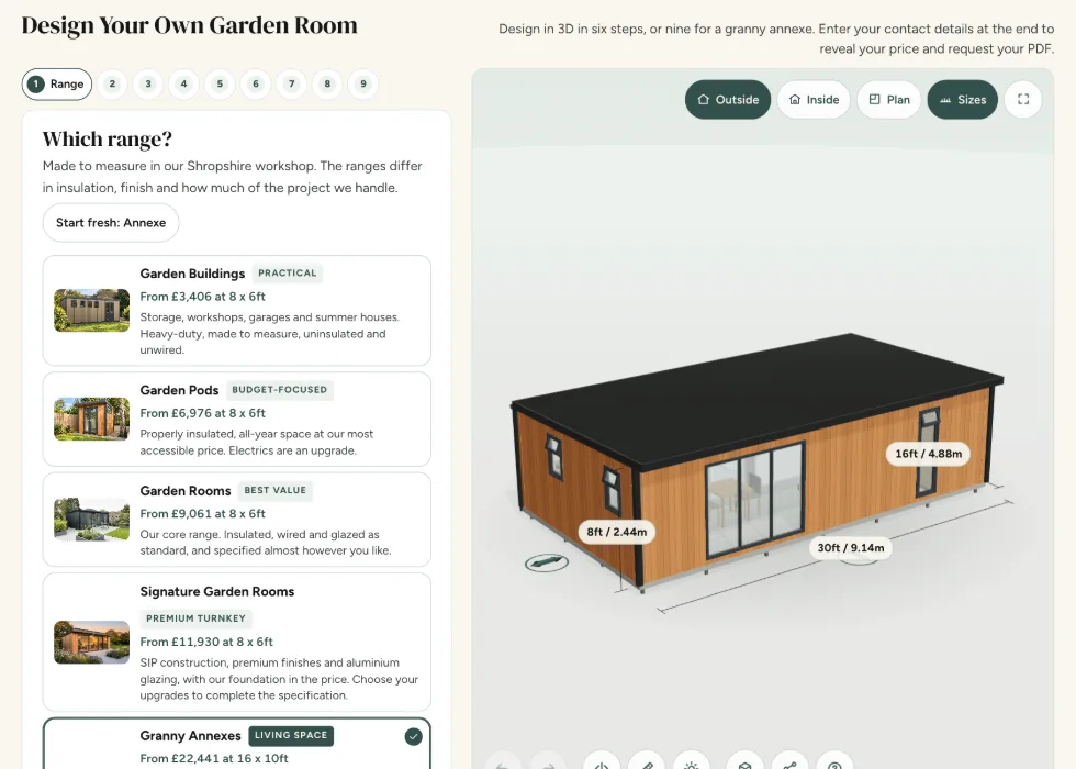 Configurator step 1, Range: Granny Annexes selected from the five ranges, with a 30 by 16ft cedar-clad annexe in the 3D view