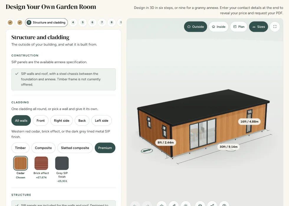 Configurator step 3, Structure and cladding: SIP construction with a steel chassis, and the cedar, brick effect and grey SIP finishes
