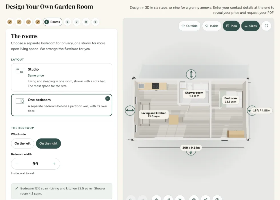 Configurator step 5, Rooms: a one-bedroom layout in plan view, with the bedroom side and width