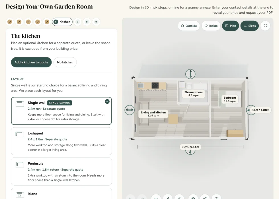 Configurator step 6, Kitchen: single-wall, L-shaped, peninsula and island layouts, each quoted separately