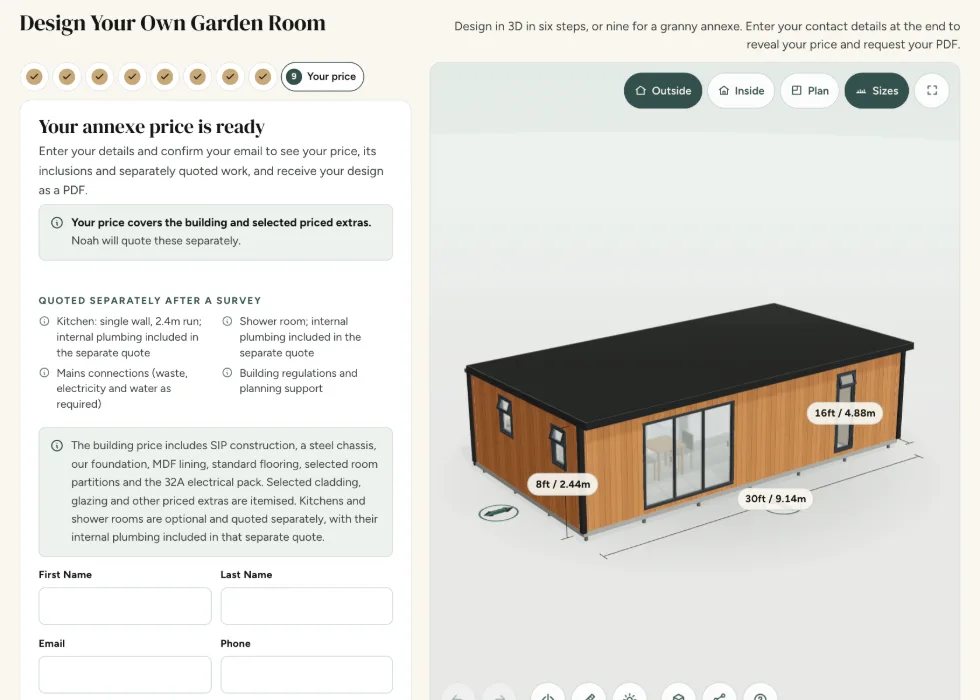 Configurator step 9, Your price: what the building price covers and what is quoted separately, above the contact form
