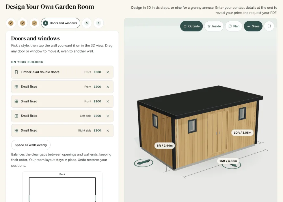 Configurator step 4, Doors and windows: timber-clad double doors and small fixed windows, each listed with its wall and its price