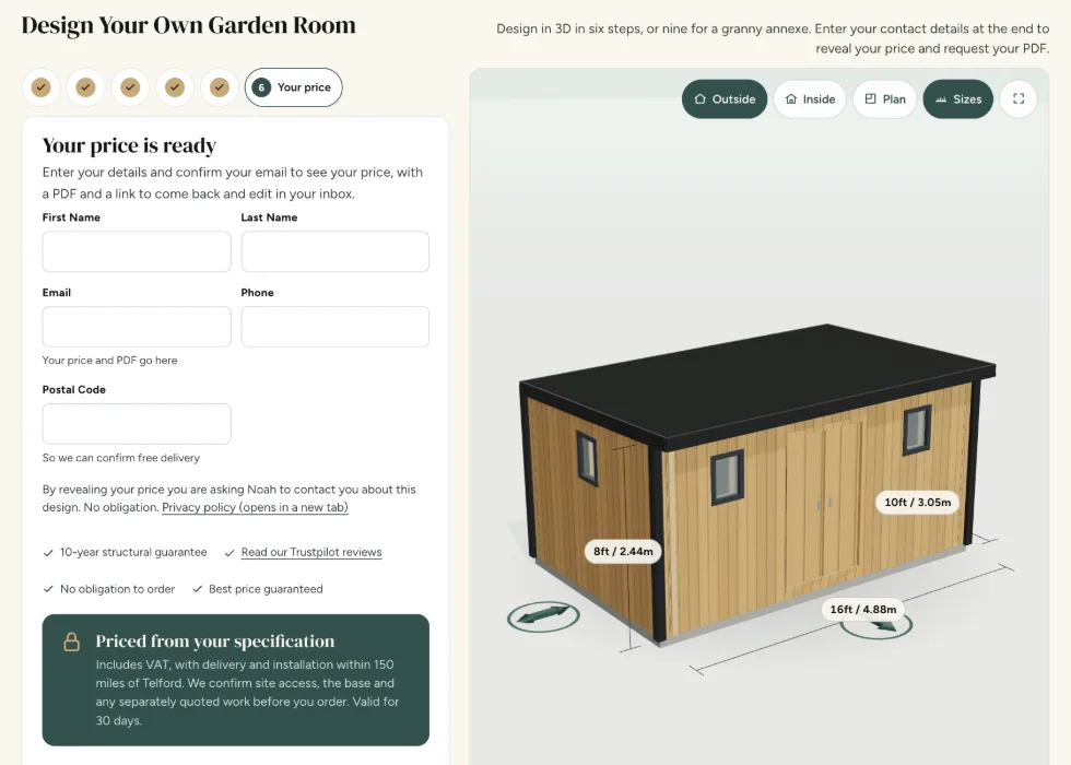 Configurator step 6, Your price: the contact details that reveal the price of your Garden Building design