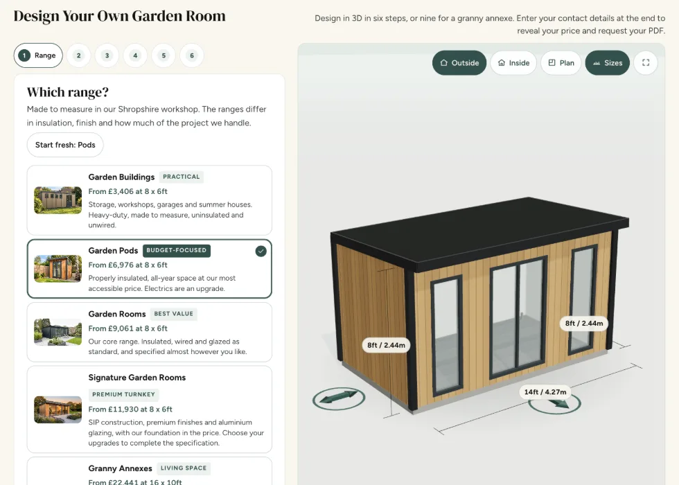 Configurator step 1, Range: Garden Pods selected from the five ranges, with a 14 by 8ft timber pod in the 3D view