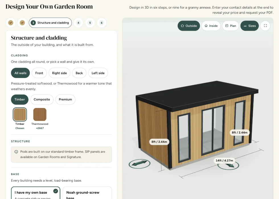 Configurator step 3, Structure and cladding: timber or Thermowood cladding and the choice of base for a Garden Pod