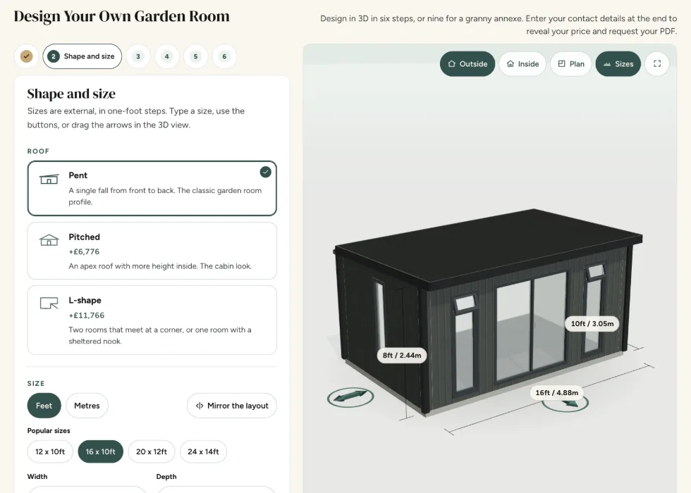 Configurator step 2, Shape and size: pent, pitched and L-shape roofs, each with its price, and popular Garden Room sizes