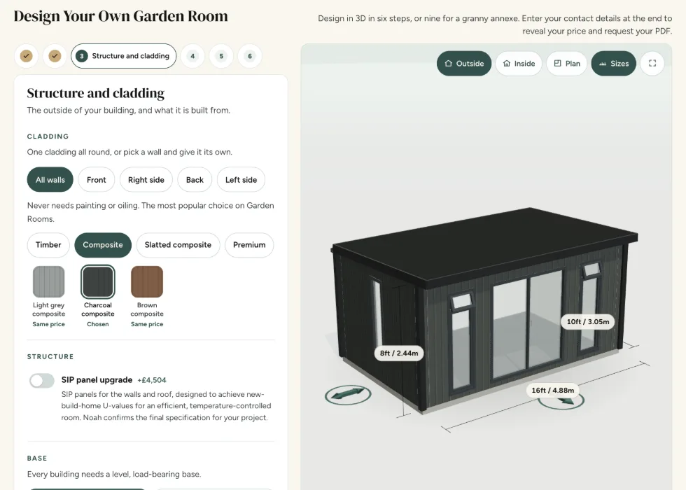 Configurator step 3, Structure and cladding: timber, composite, slatted and premium cladding, with charcoal composite chosen