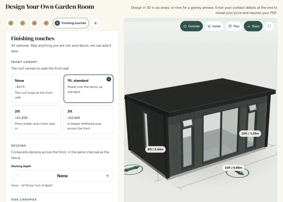 Configurator step 5, Finishing touches: front canopy depths and composite decking, each priced as it is added