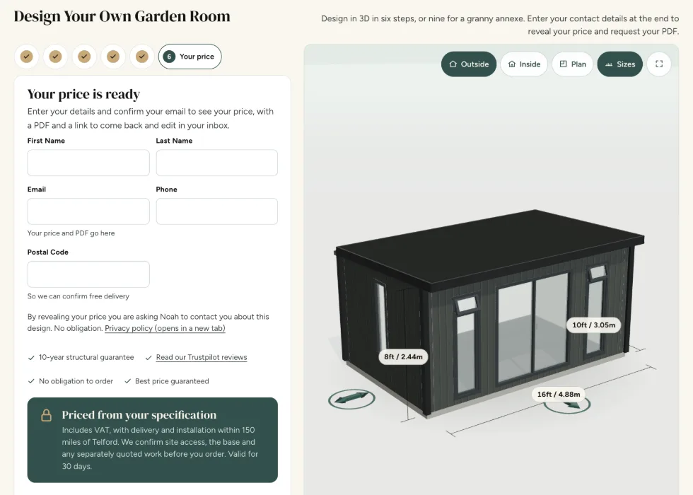 Configurator step 6, Your price: the contact details that reveal the price of your Garden Room design