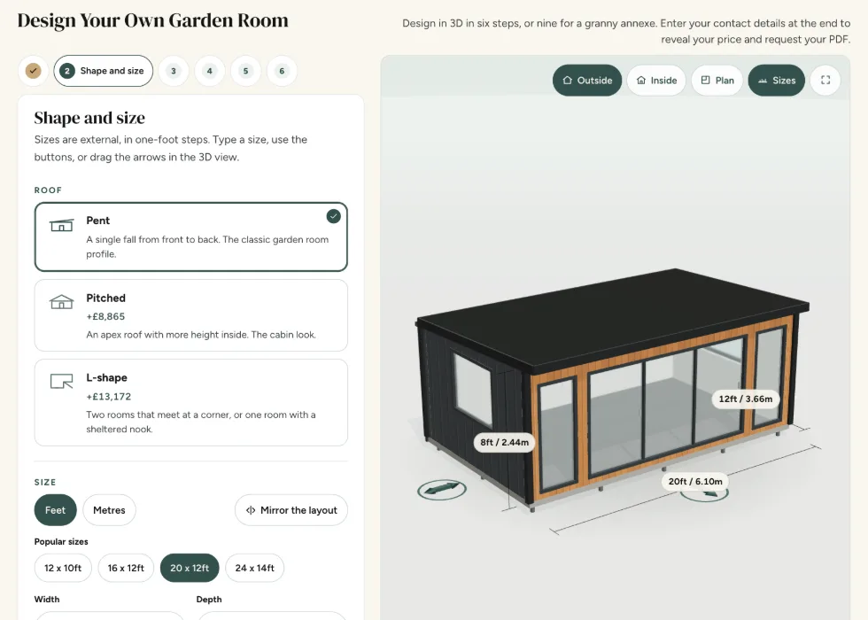 Configurator step 2, Shape and size: pent, pitched and L-shape roofs, each with its price, and popular Signature sizes