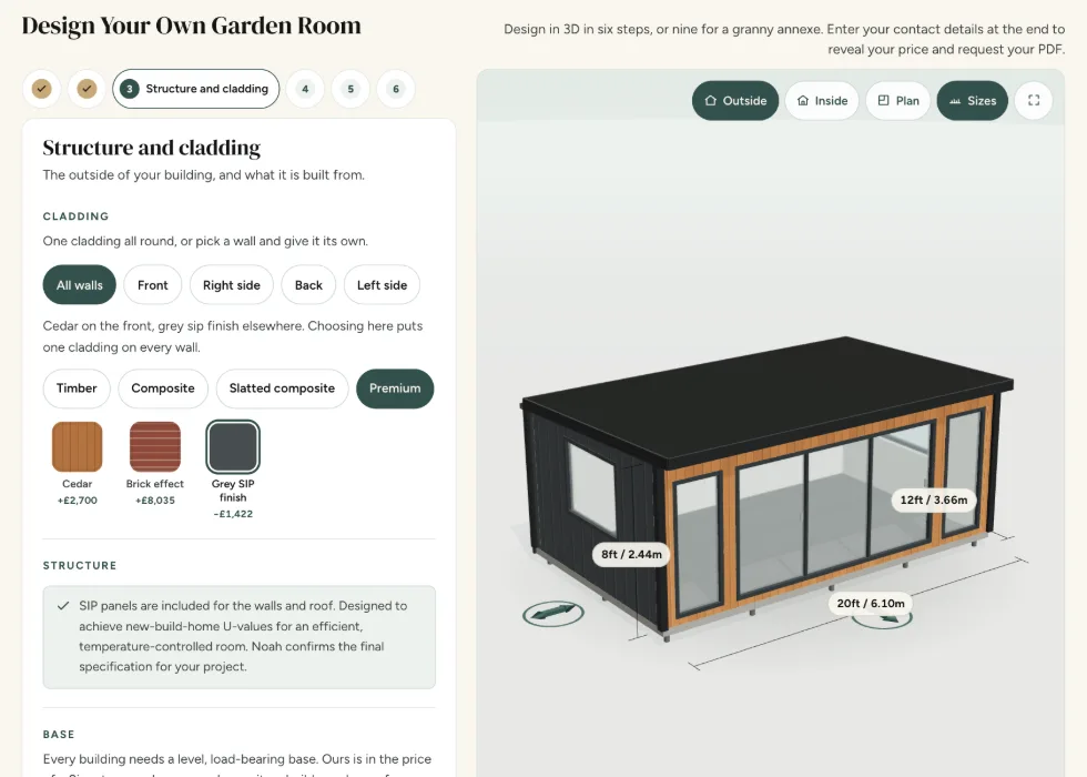 Configurator step 3, Structure and cladding: cedar, brick effect and grey SIP finishes, with SIP construction included
