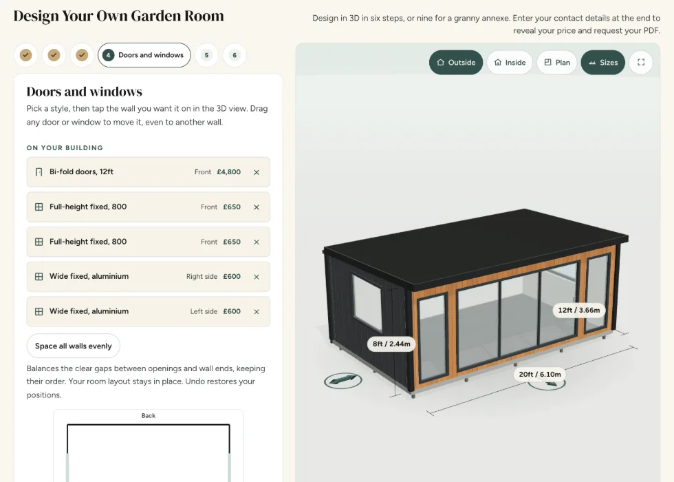 Configurator step 4, Doors and windows: 12ft bi-fold doors with full-height and wide aluminium windows, each with its price