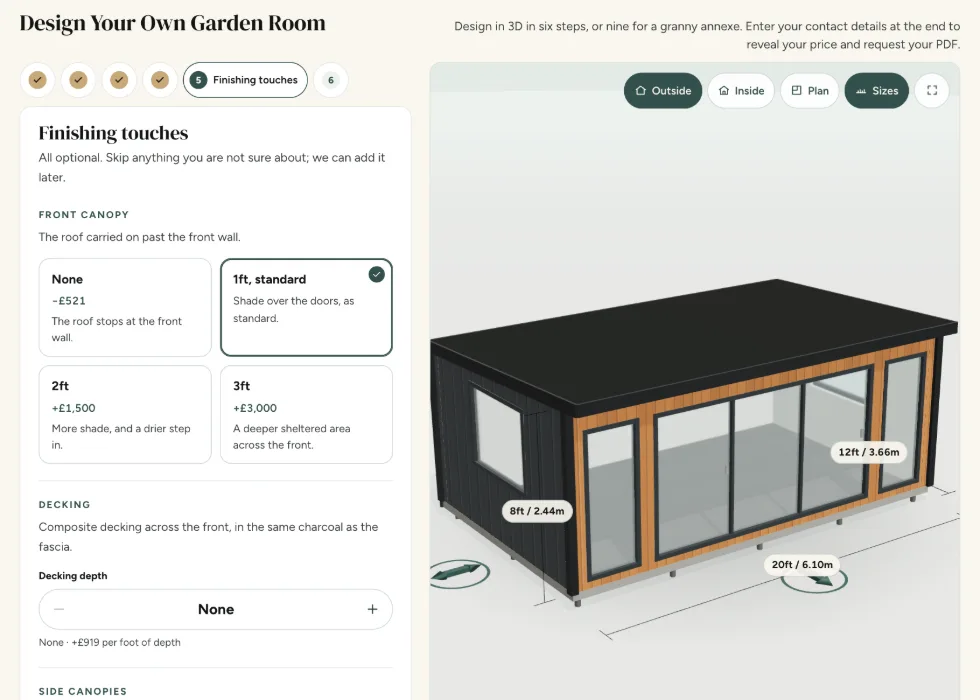 Configurator step 5, Finishing touches: front canopy depths and composite decking, each priced as it is added