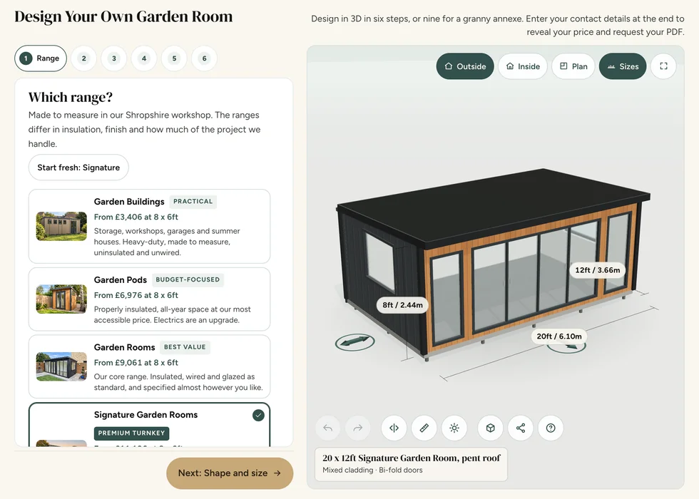 Configurator step 1, Range: the ranges listed with their from-prices beside a 3D model of a 20 by 12ft Signature Garden Room