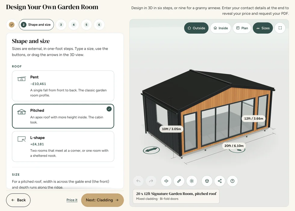 Configurator step 2, Shape and size: pent, pitched and L-shape roofs, each showing how it changes the price