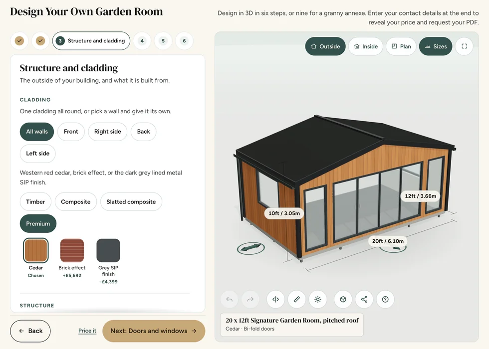 Configurator step 3, Structure and cladding: cladding swatches with their prices, shown on a cedar-clad building