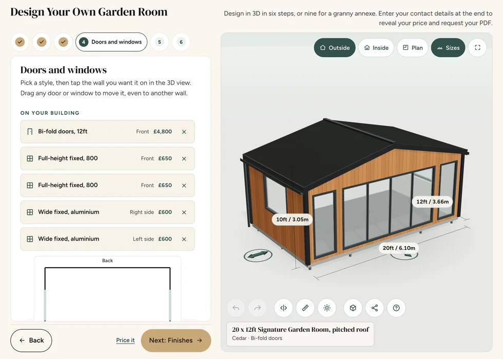 Configurator step 4, Doors and windows: each door and window listed with its wall and its price