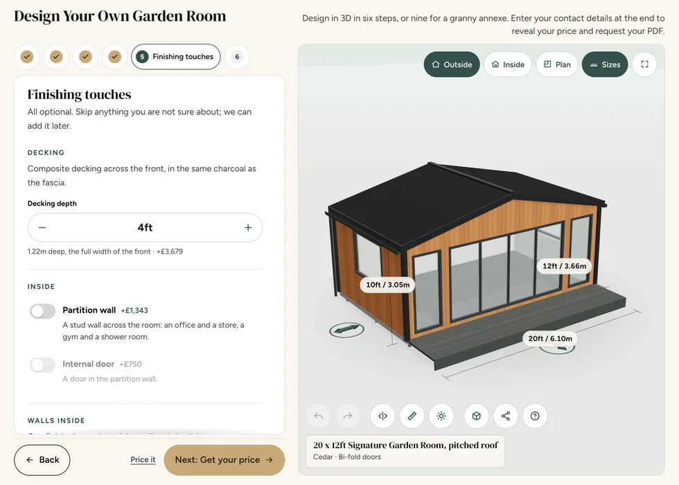 Configurator step 5, Finishing touches: decking depth and inside options, each priced as it is added, with the decking on the 3D model