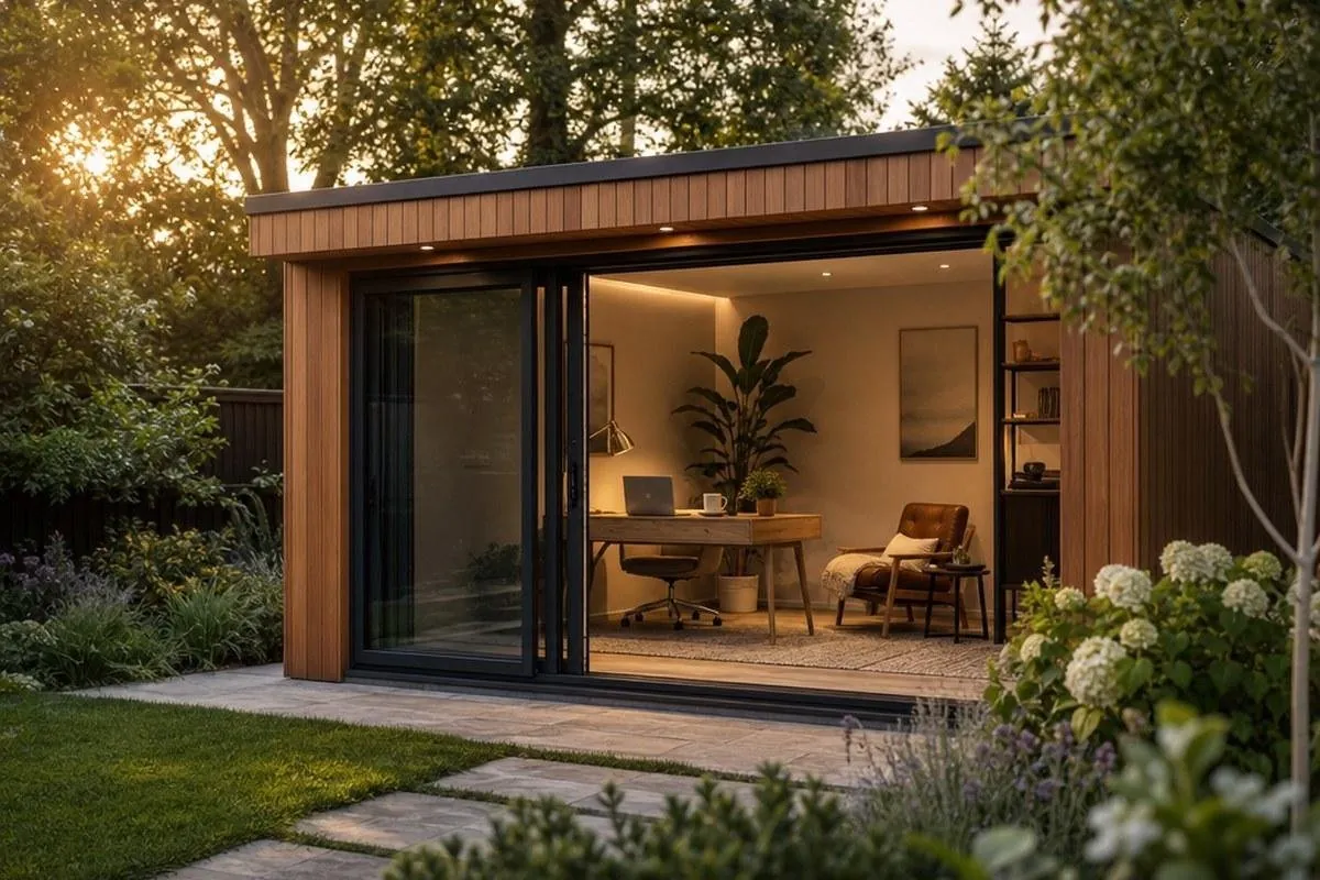 A cedar-clad luxury garden room with its aluminium doors open onto a British garden at golden hour