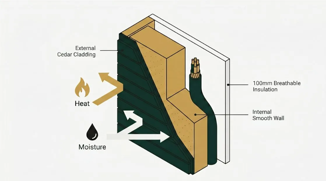 Cutaway of a garden bar wall, from the external cladding through the insulation to the inner wall