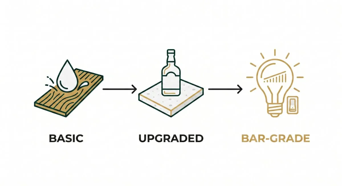 Three levels of bar fit-out compared: basic, upgraded and bar-grade