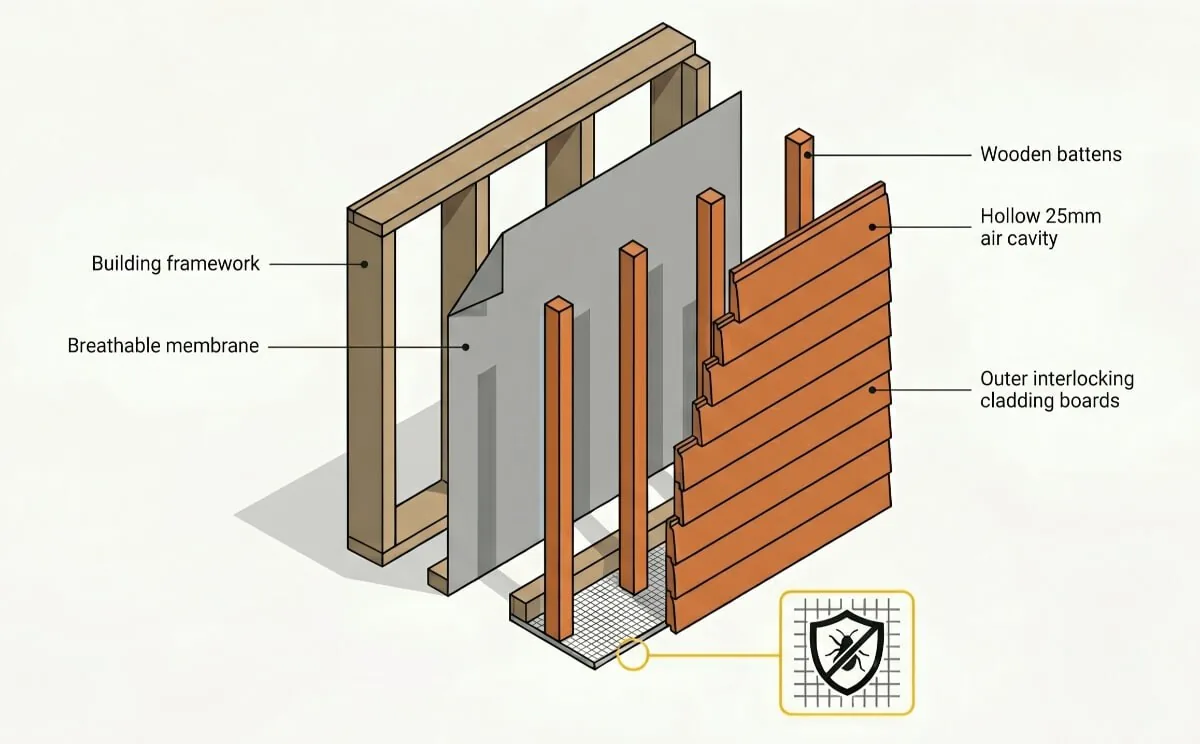Cutaway of composite cladding: building framework, breathable membrane, wooden battens, a 25mm air cavity and interlocking boards