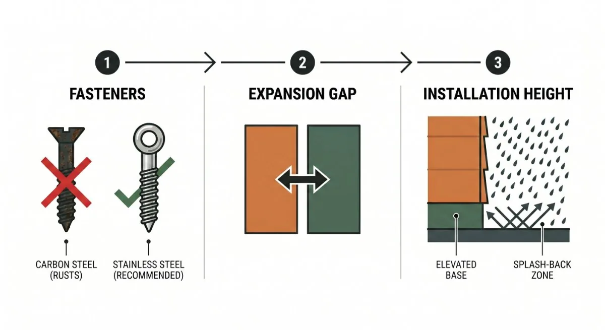 Three cladding installation details: fasteners, an expansion gap and the installation height above the ground