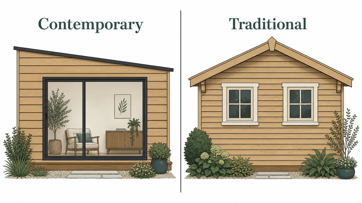 Two garden room elevations compared side by side, contemporary against traditional