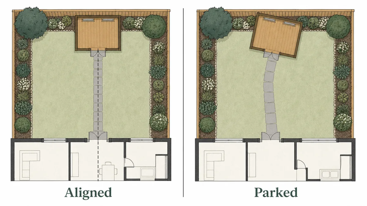 Overhead garden plan showing a garden room aligned square to the back wall of the house