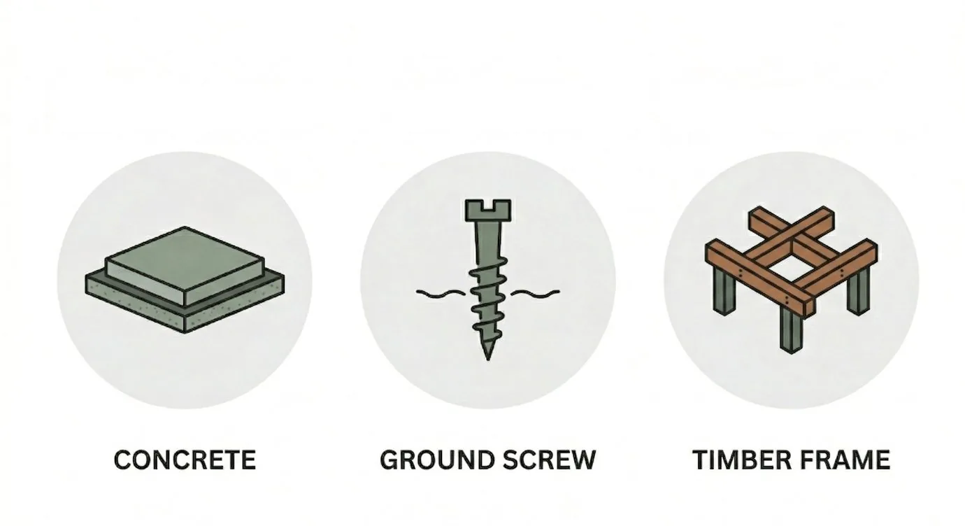 Three garden gym foundation types: concrete, ground screws and a timber frame
