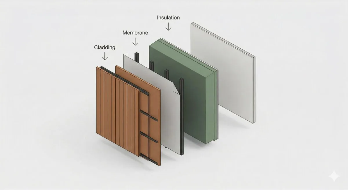 Cutaway of an insulated garden gym wall, from the cladding through the membrane and insulation to the inner lining