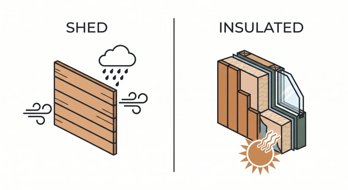 A plain shed wall letting in wind and rain compared with an insulated garden room wall
