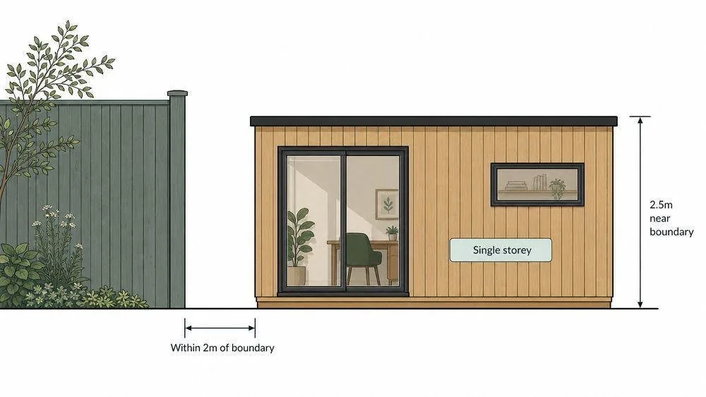 A garden office pod drawn within the permitted development limits, single storey and within two metres of a boundary