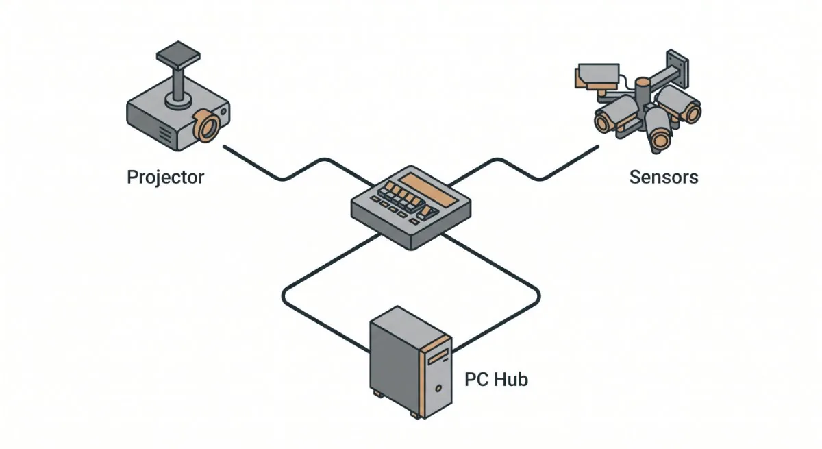 Golf simulator technology connected through a PC hub: projector and sensors