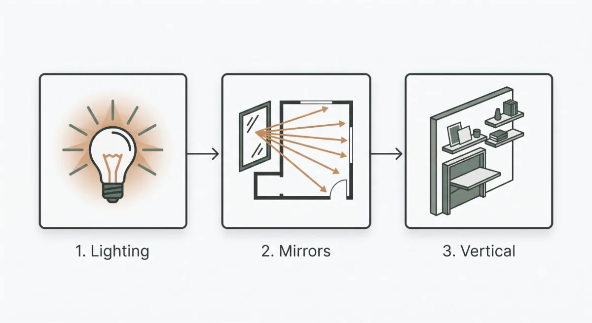 Three ways to make a small room feel bigger: lighting, mirrors and vertical storage