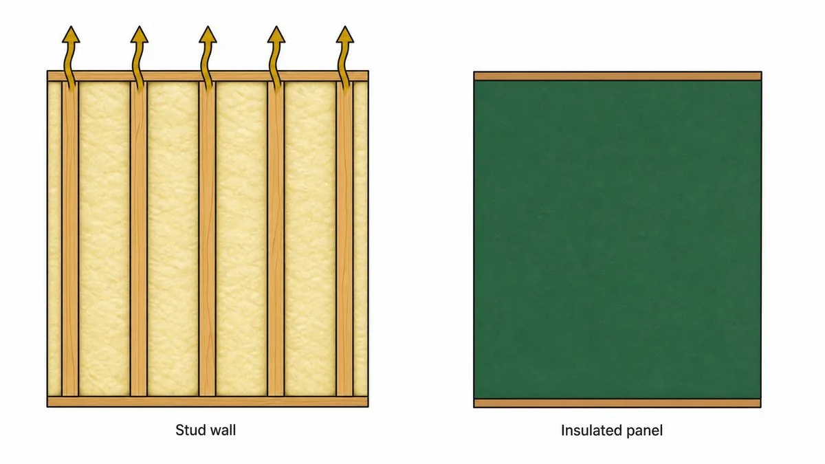 Two wall sections compared: heat escaping through the timber uprights of a stud wall but not through a solid panel