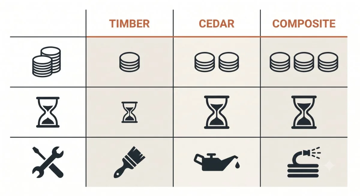 Timber, cedar and composite workshop cladding compared for cost, lifespan, tools and care