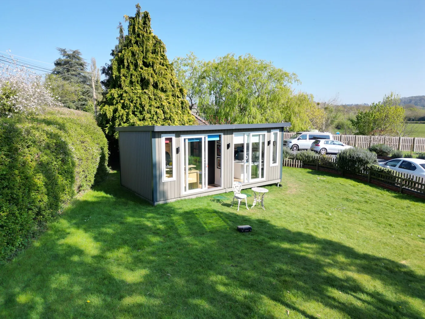 Noah garden building on a lawn in Bromsgrove, seen from above