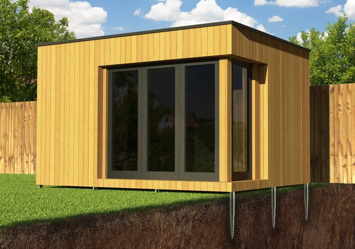 Garden room standing on a ground screw base