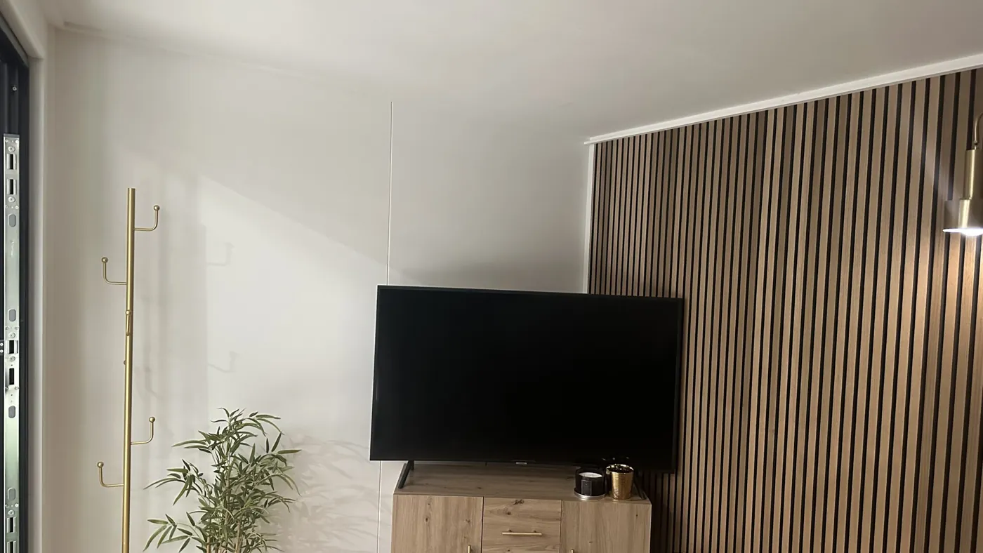 Display room interior with a wall-mounted television and slatted timber wall