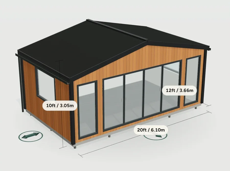 The Noah configurator showing a cedar garden room in 3D with its sizes marked