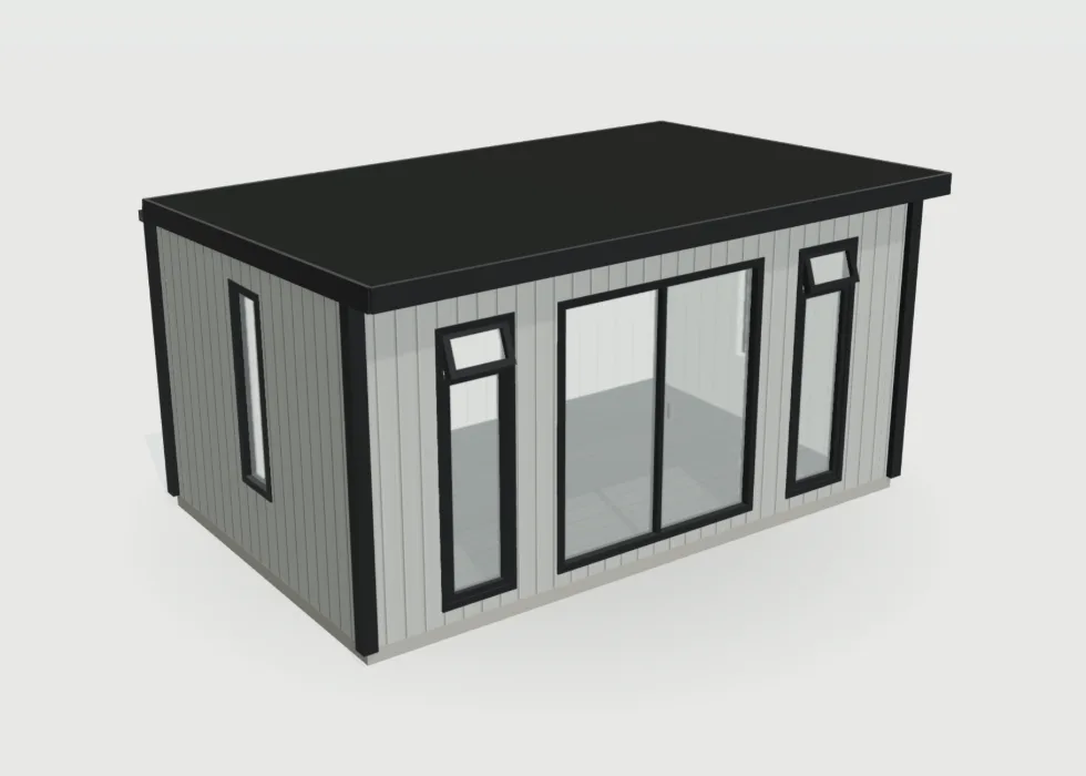 Configurator view of a light grey garden room with black door and window frames