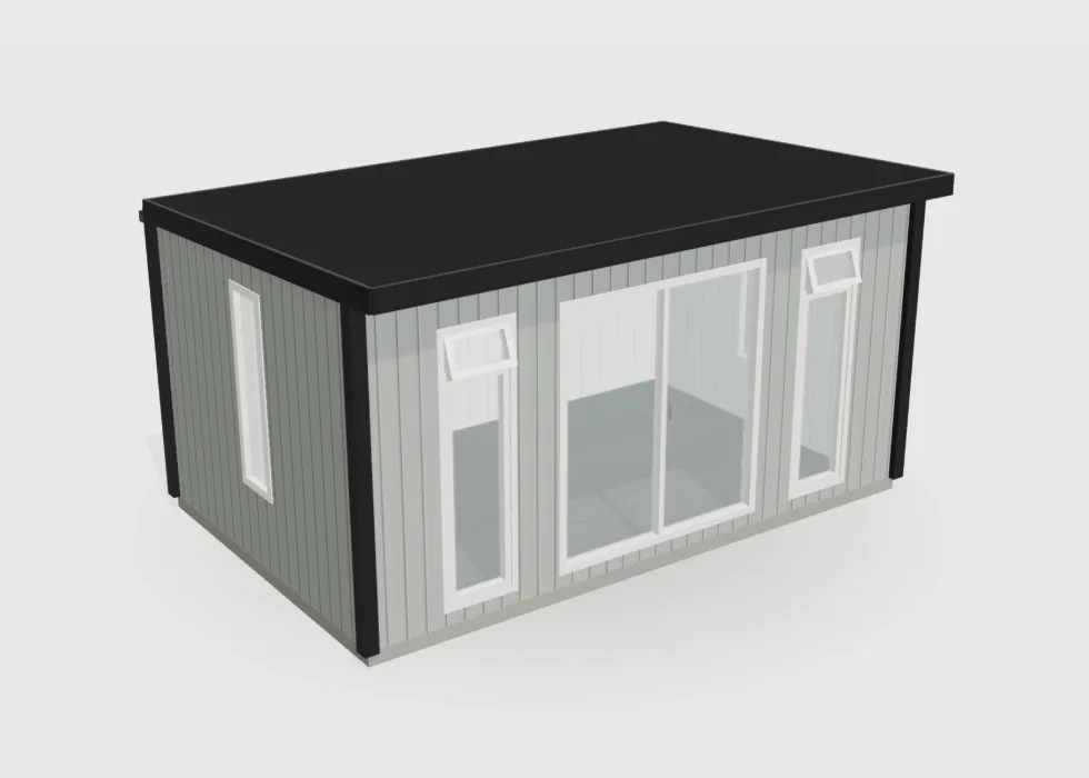 Configurator view of a light grey garden room with white door and window frames