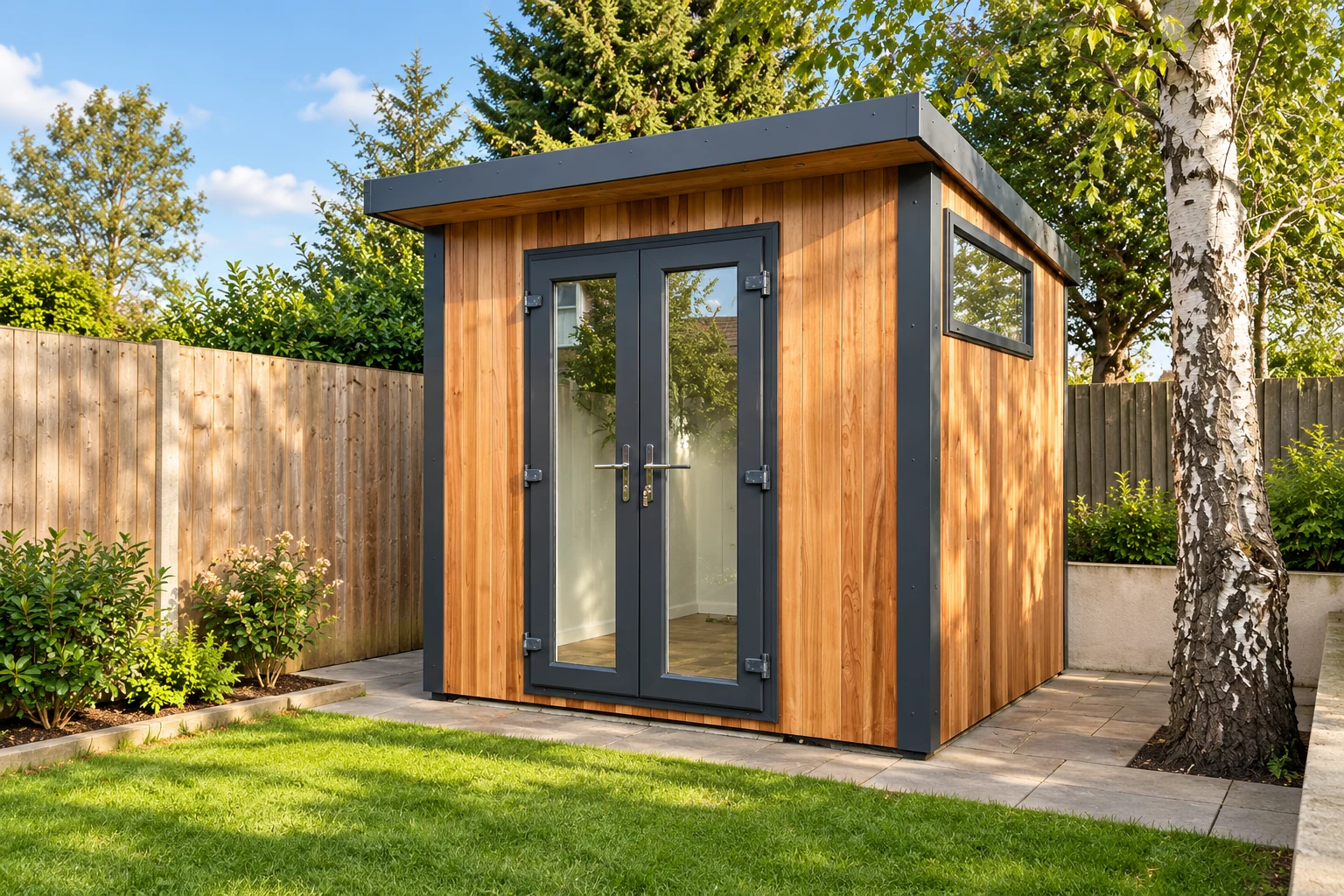 Cedar-clad garden pod with grey glazed doors beside a birch tree
