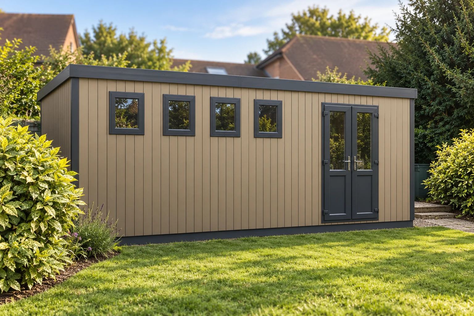 Composite Cotswold workshop with double doors and a row of windows