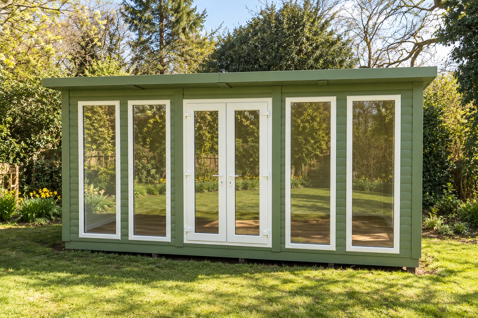 Green Norton eco pod with white glazed doors on a lawn