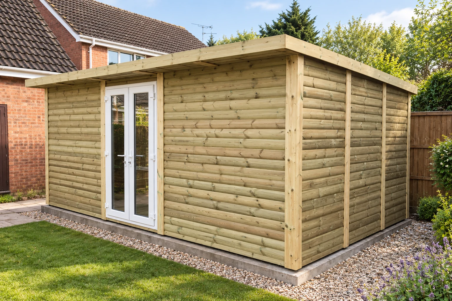 Pressure-treated timber Noah garden building with white glazed French doors