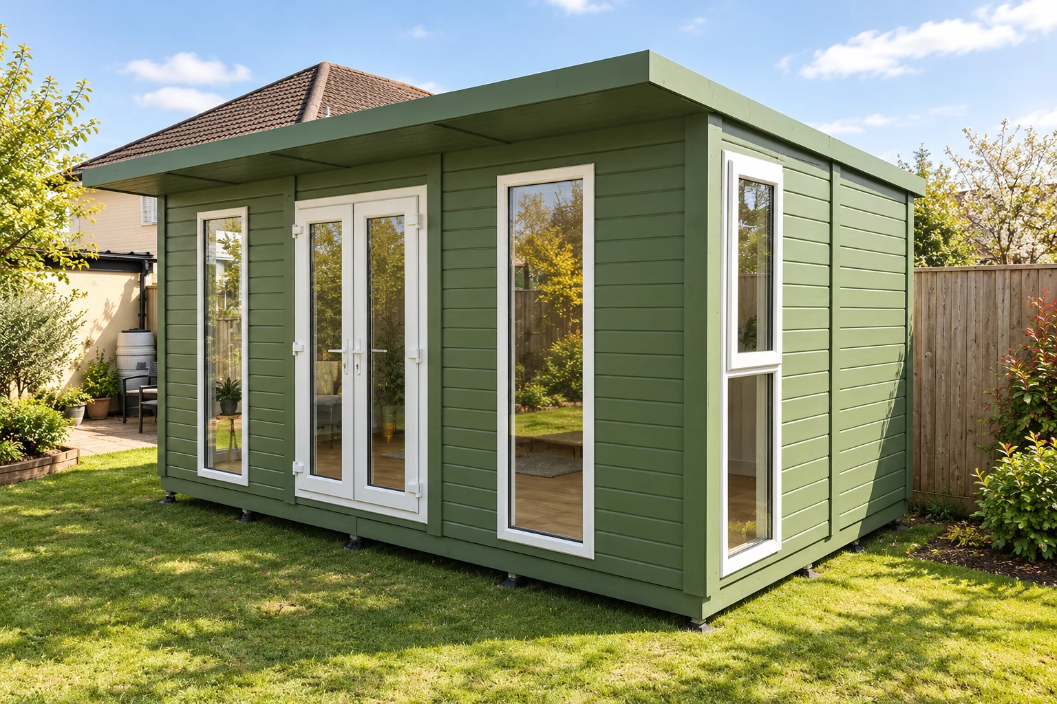 Green painted timber Roseberry eco pod with white French doors and tall windows on a lawn