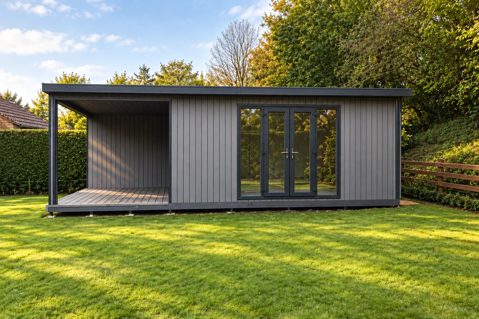 Grey composite Sennen garden room with a covered, decked outdoor area beside its glazed doors